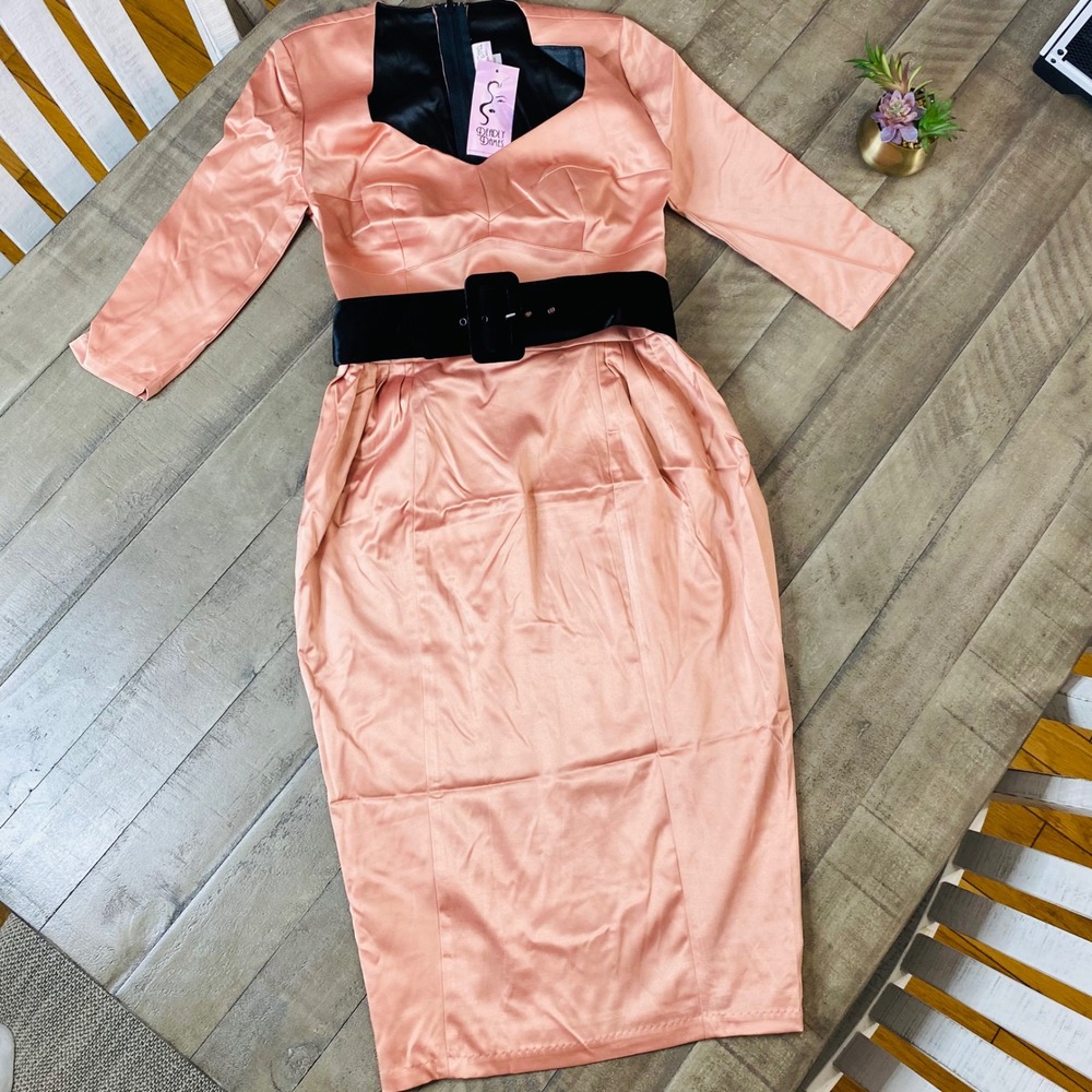 Women's Satin Midi Dress with Belt - Dusty Rose - Picture 2 of 11